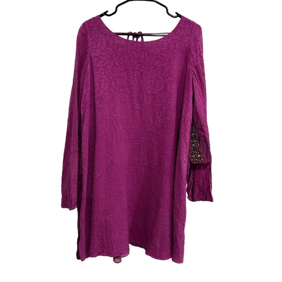 Free People Purple Floral Textured Long Slit Sleeve Silk Tunic Dress L - Picture 1 of 8